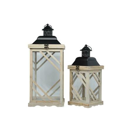 URBAN TRENDS COLLECTION Wood Square Lantern w/Blk Painted Metal Fliptop Opening Ring Hanger & Clear Glass Sides, Brown, 2PK 56905